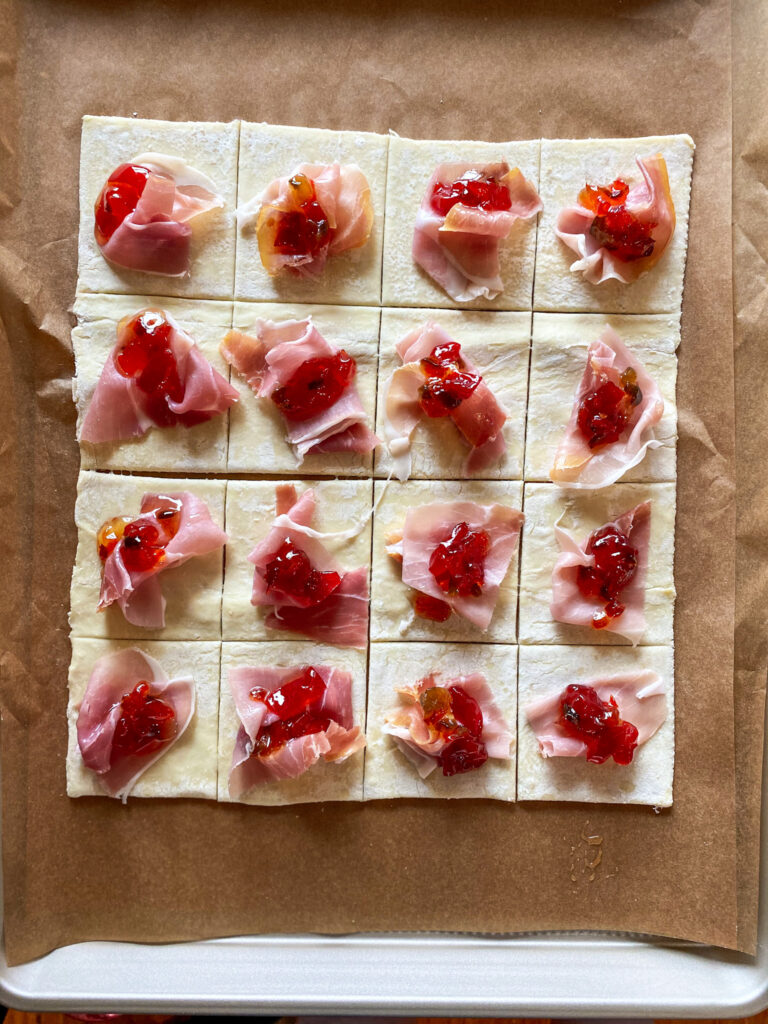 prosciutto, brie, and pepper jelly on puff pastry