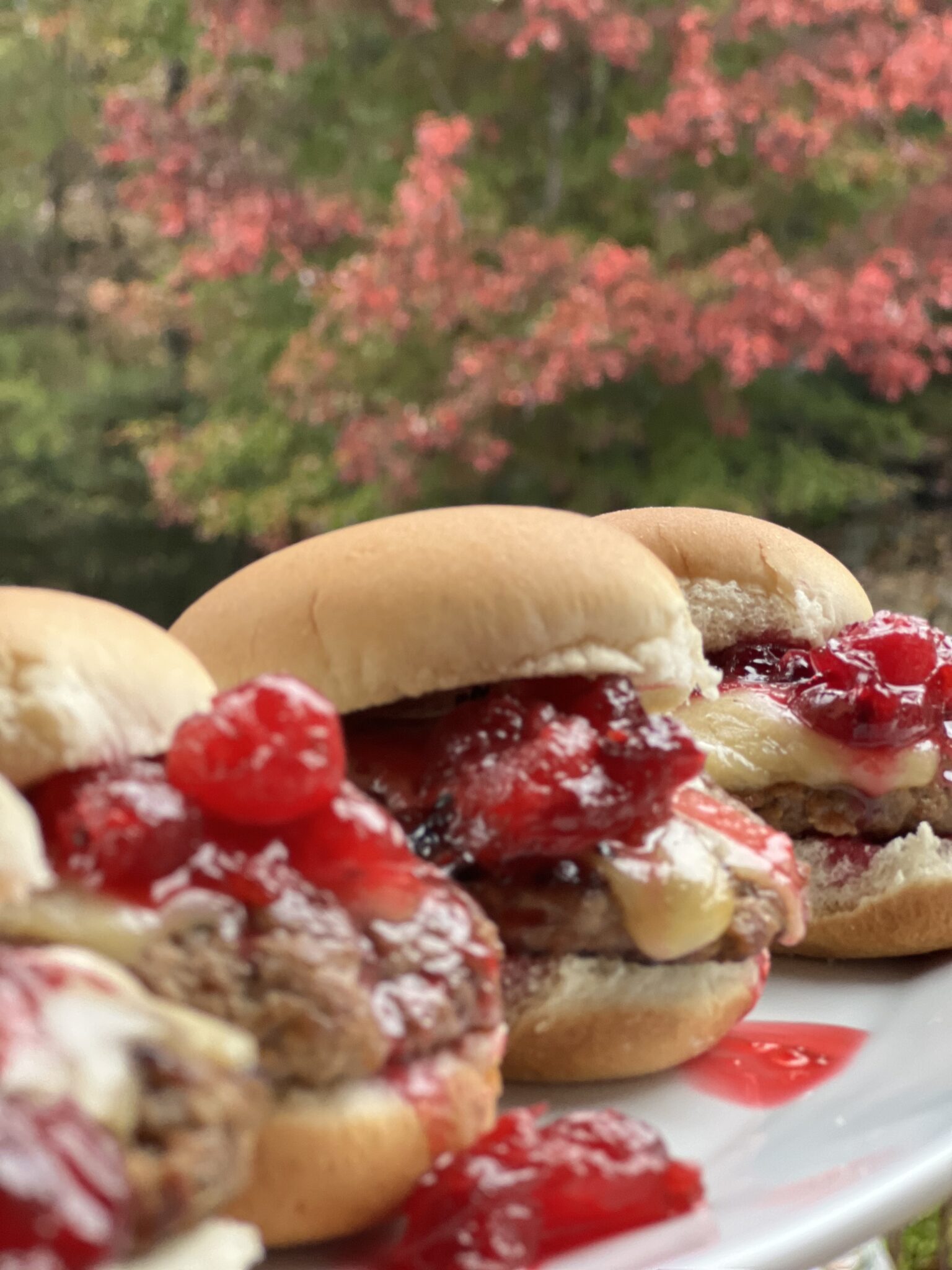 Ground Turkey Burgers on a platter with cranberry sauce
