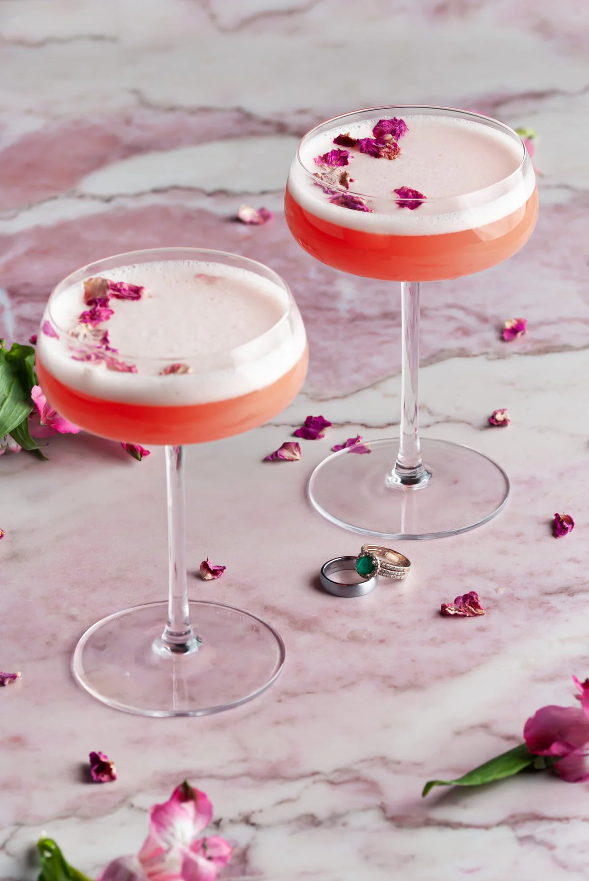 2 love potion cocktails in martini glasses