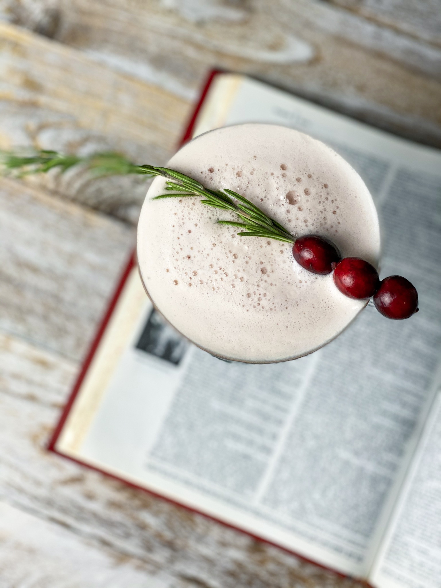 bourbon cranberry sour with rosemary sitting on a dictionary