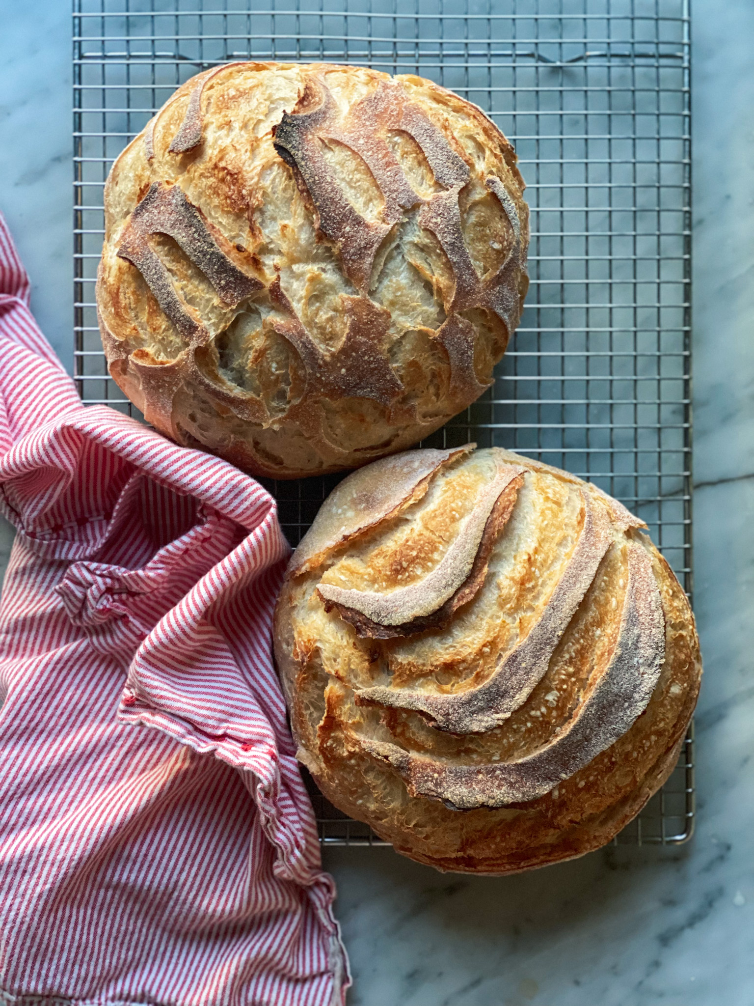 2 loaves of sourdough and a red and white napkin