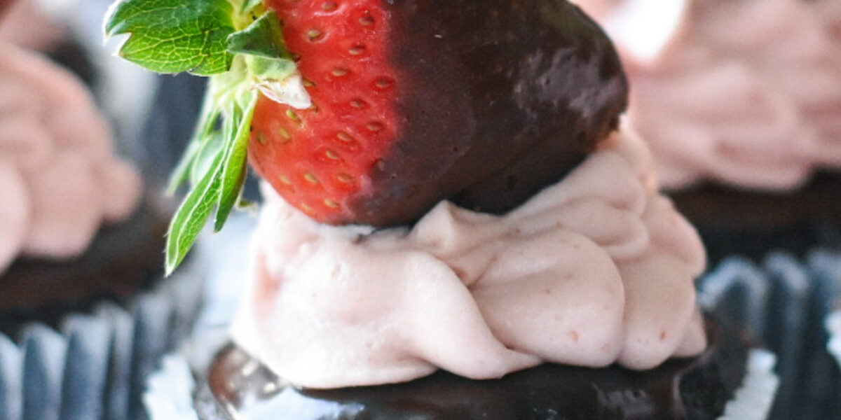Chocolate covered strawberry topped chocolate cupcake
