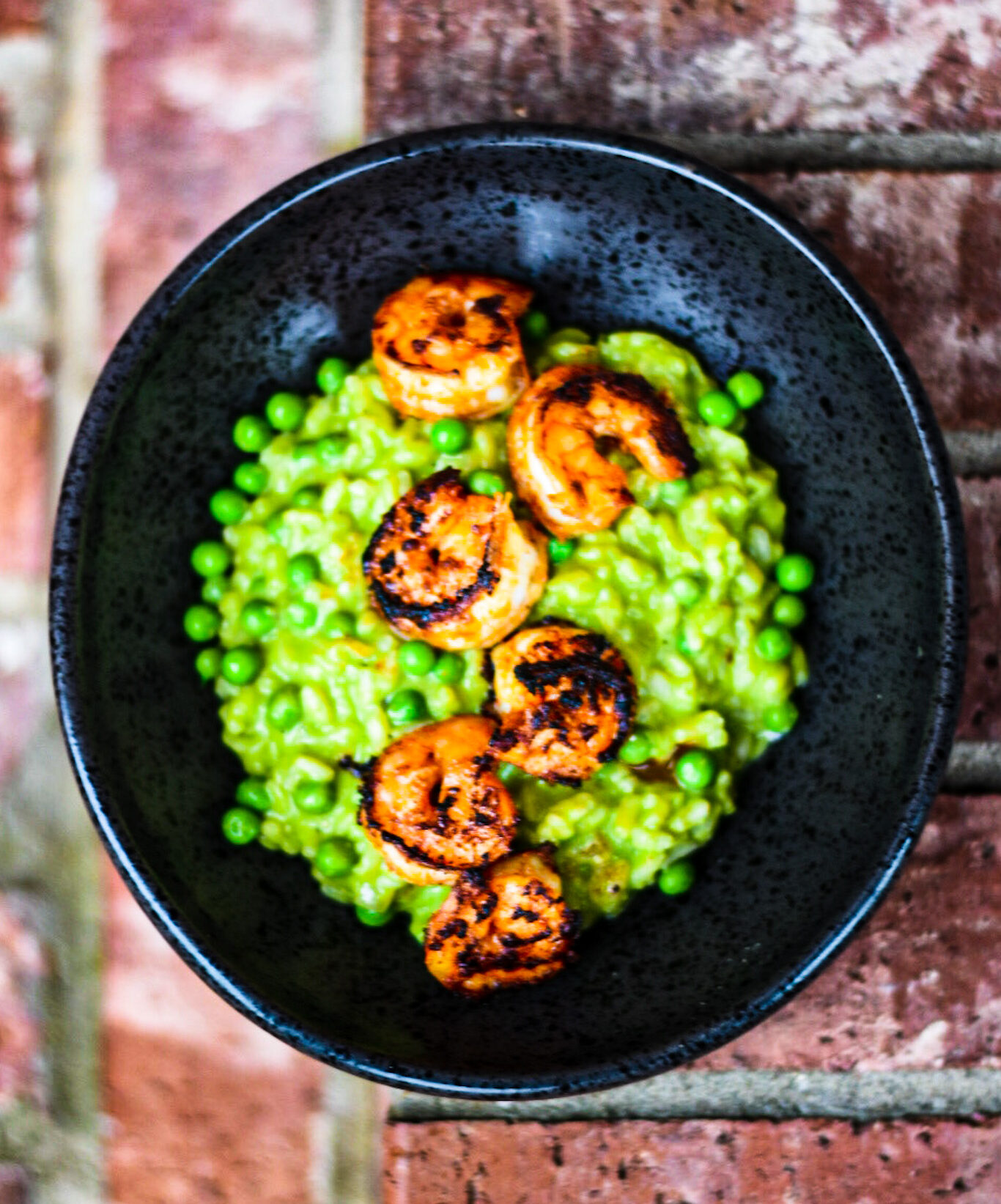 pea risotto and grilled shrimp