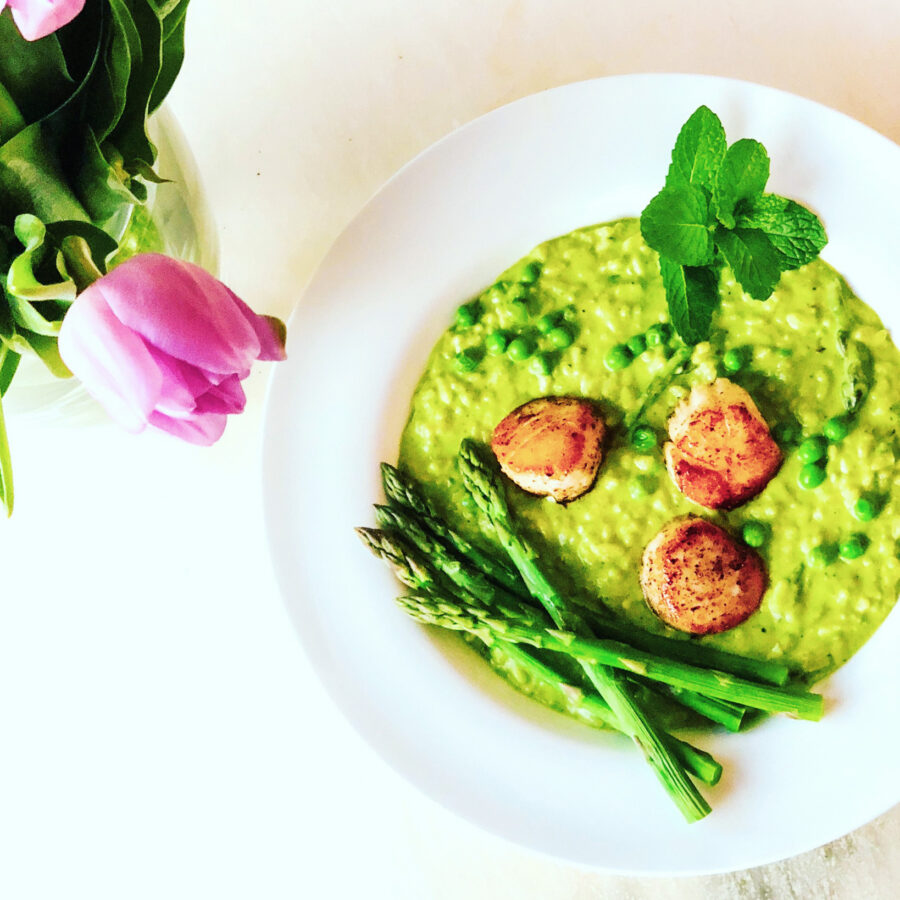 pea risotto on a plate with scallops and asparagus