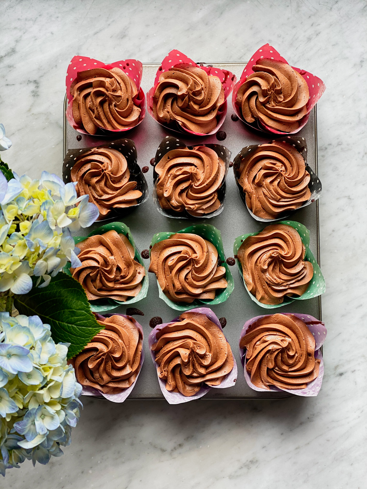 a dozen chocolate cupcakes and white flowers