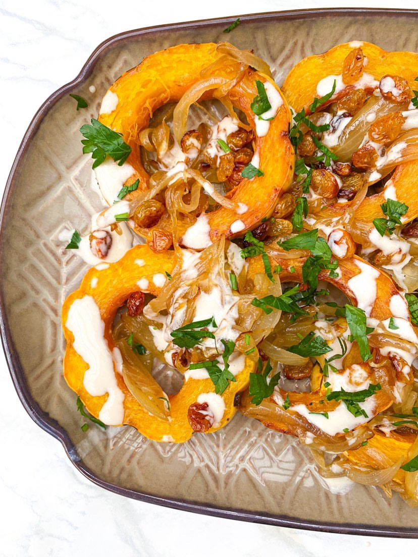 roasted delacata squash with onions and tahini sauce