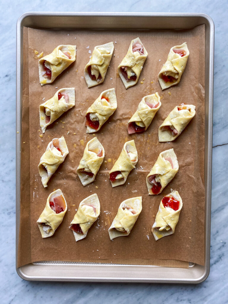 brie, prosciutto and pepper jelly wrapped in puff pastry