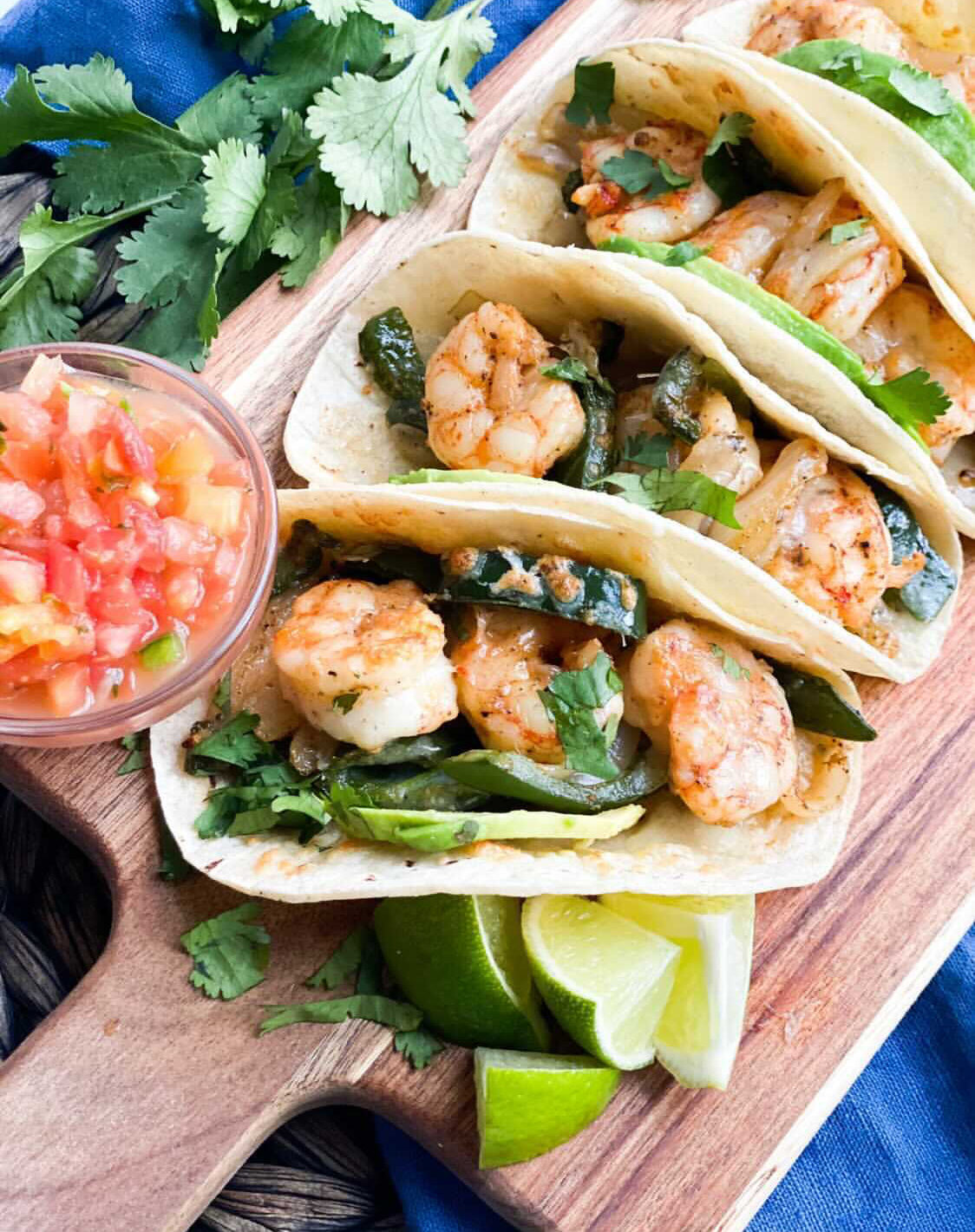 Valentines Day Dinner of shrimp tacos with poblanos, limes, salsa and cilantro