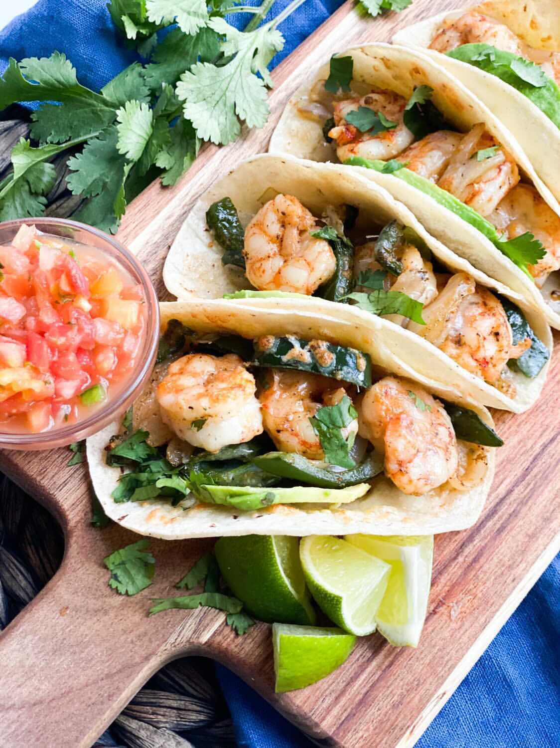 Valentines Day Dinner of shrimp tacos with poblanos, limes, salsa and cilantro