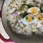 potato salad in a red pot