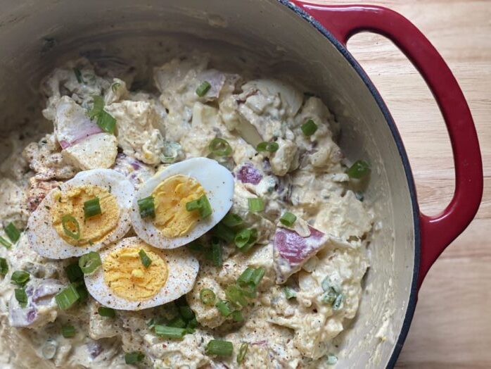 potato salad in a red pot