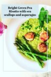 A bright pink tulip and a bowl of green risotto with asparagus and scallops