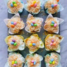 coconut cupcakes with Easter egg candy on top