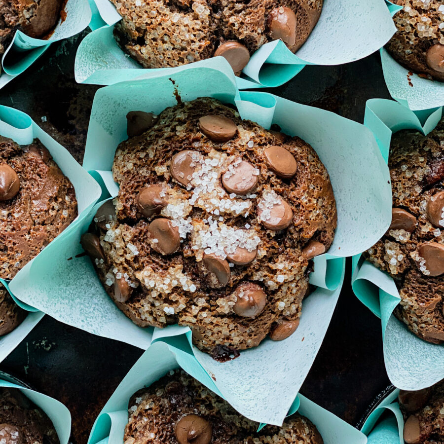 chocolate muffins in blue wrappers