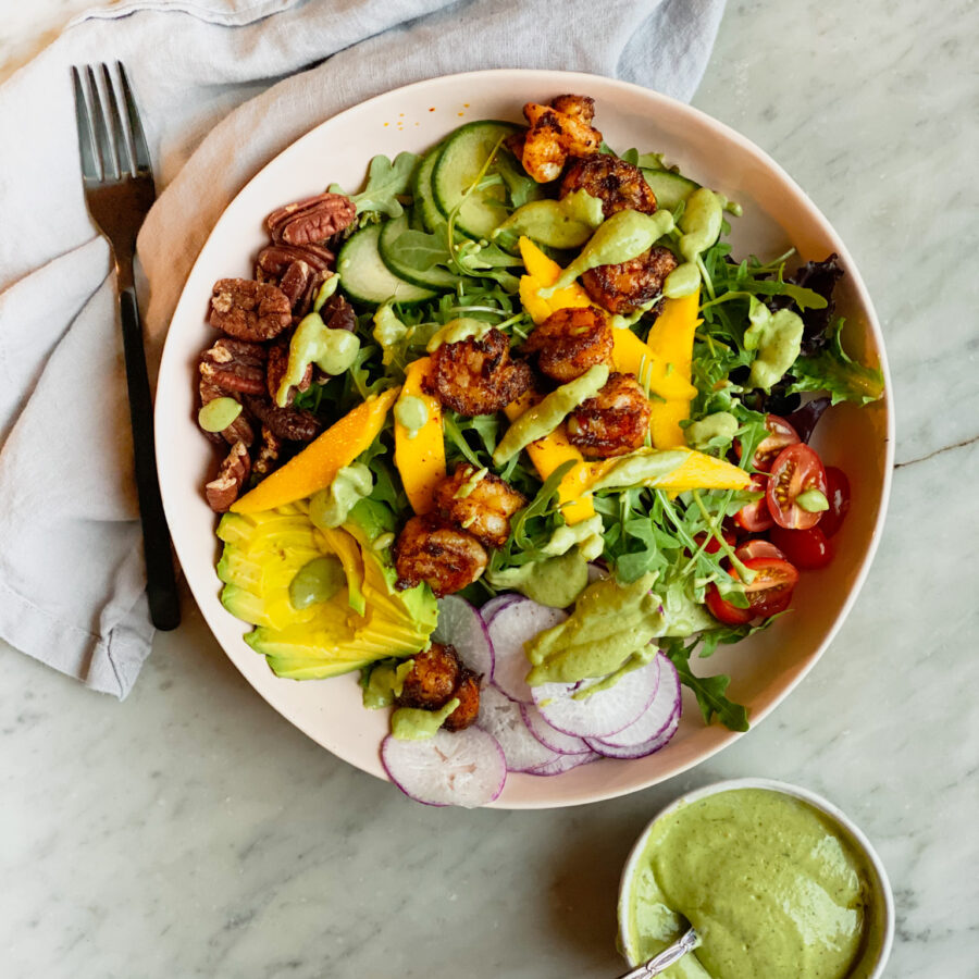 mango chicken salad with avocado cilantro dressing