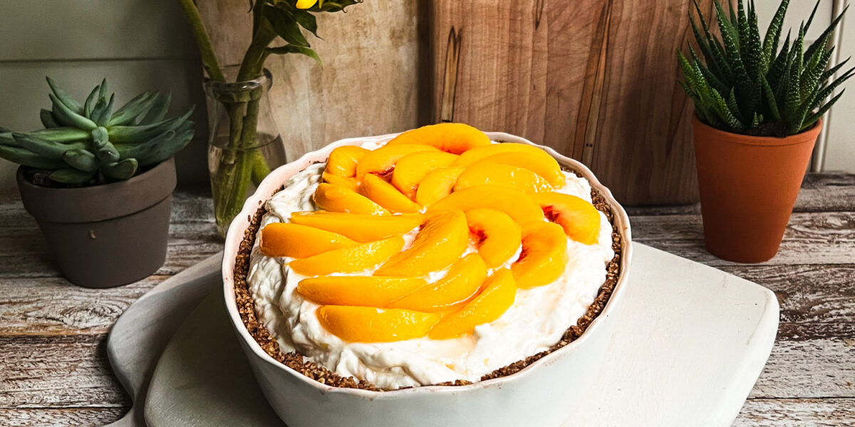 peaches n cream gluten-free dessert with yellow flowers