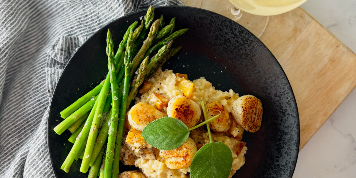Butternut squash risotto and sage and scallops and asparagus and white wine