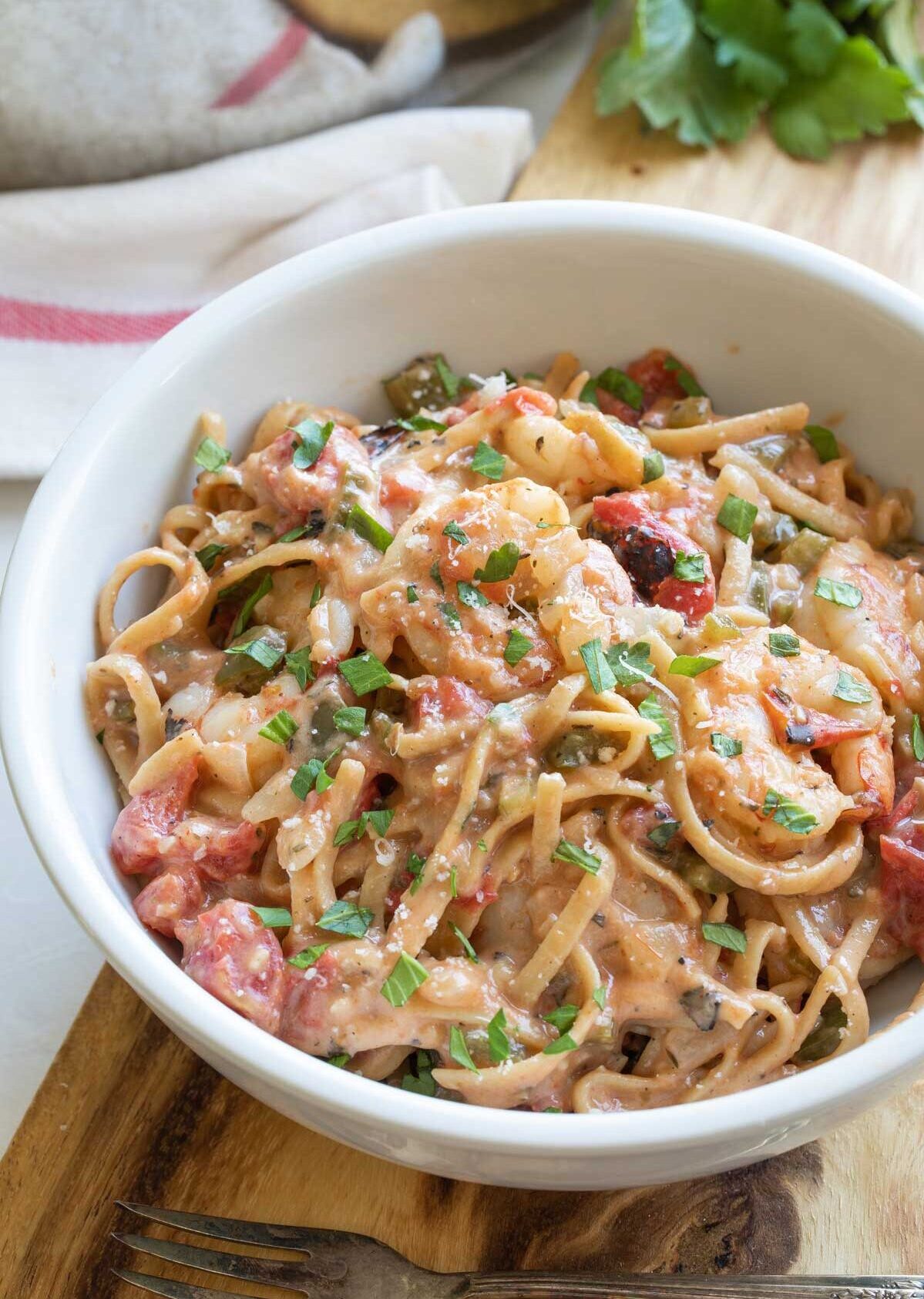 creamy cajun shrimp pasta in a bowl