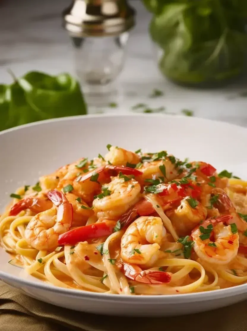 Shrimp rasta pasta on a plate