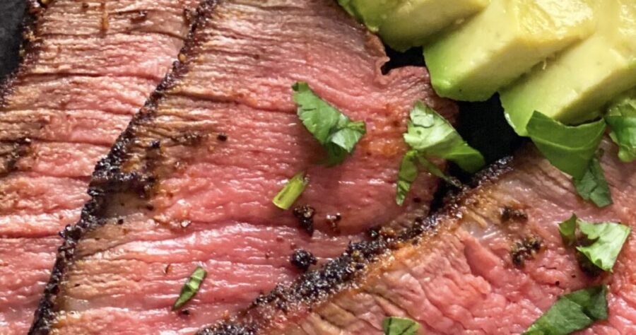 Rare steak sliced with avocado,