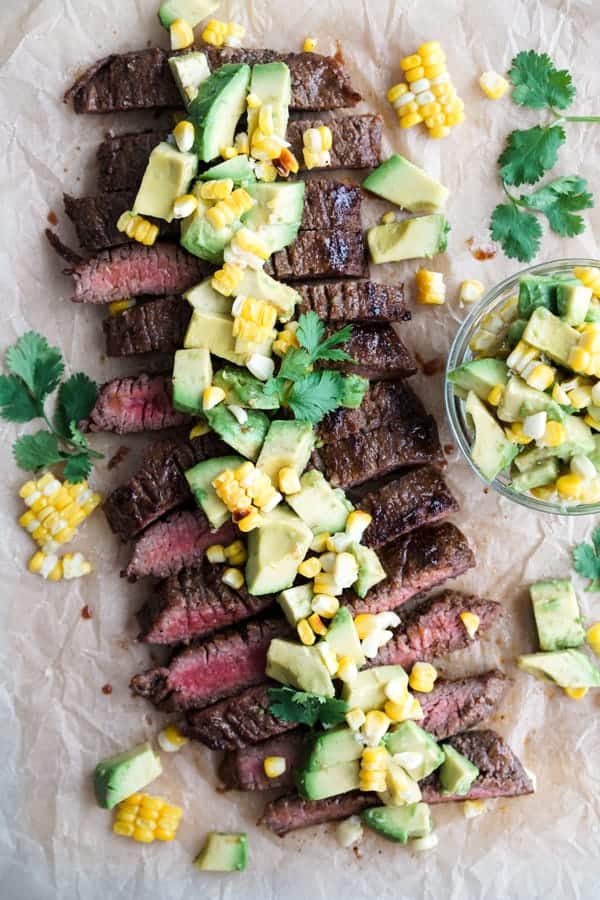 Marinated Flank steak with corn and avocados