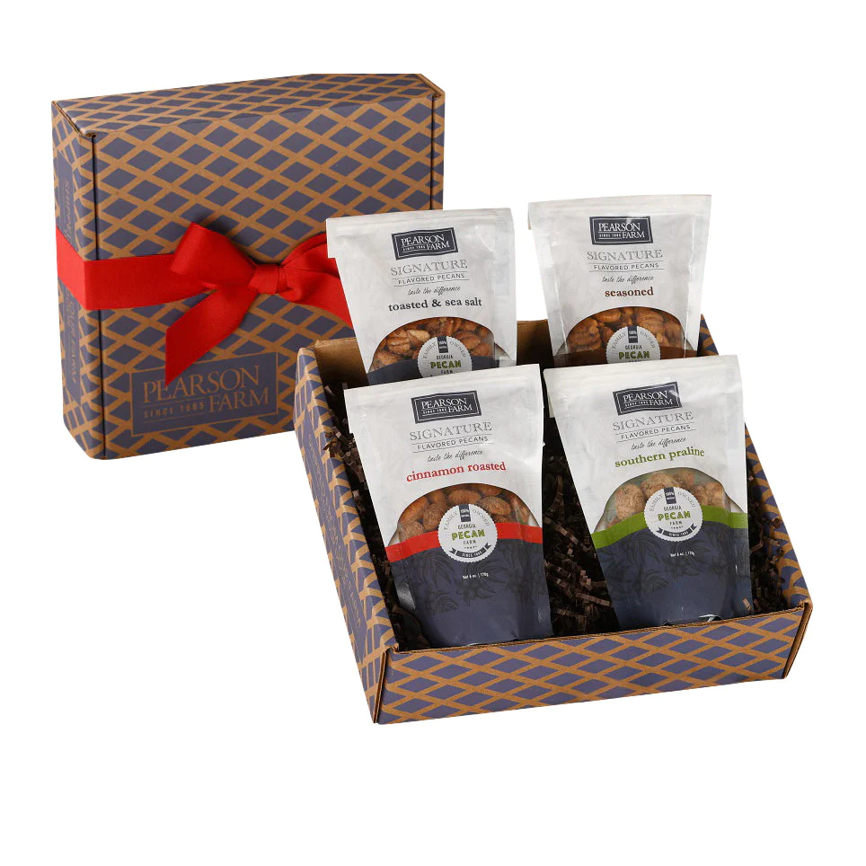 Gift box with 4 bags of seasoned Pearson Farm pecans with a red ribbon