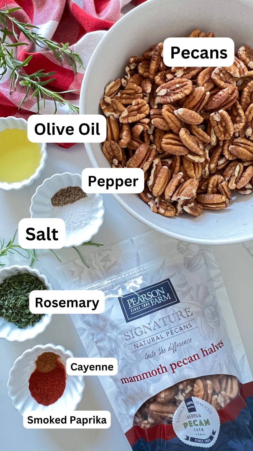 ingredients for easy salted pecans recipe with rosemary