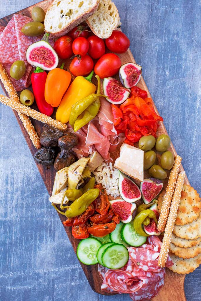 Antipasto platter with meats and cheese and veggies