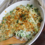Broccoli Au Gratin in a dish with a spoon