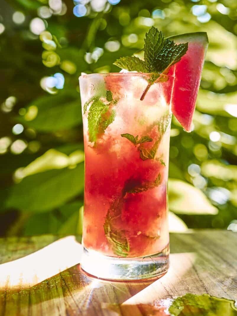 mezcal watermelon mojito in a glass with a watermelon wedge